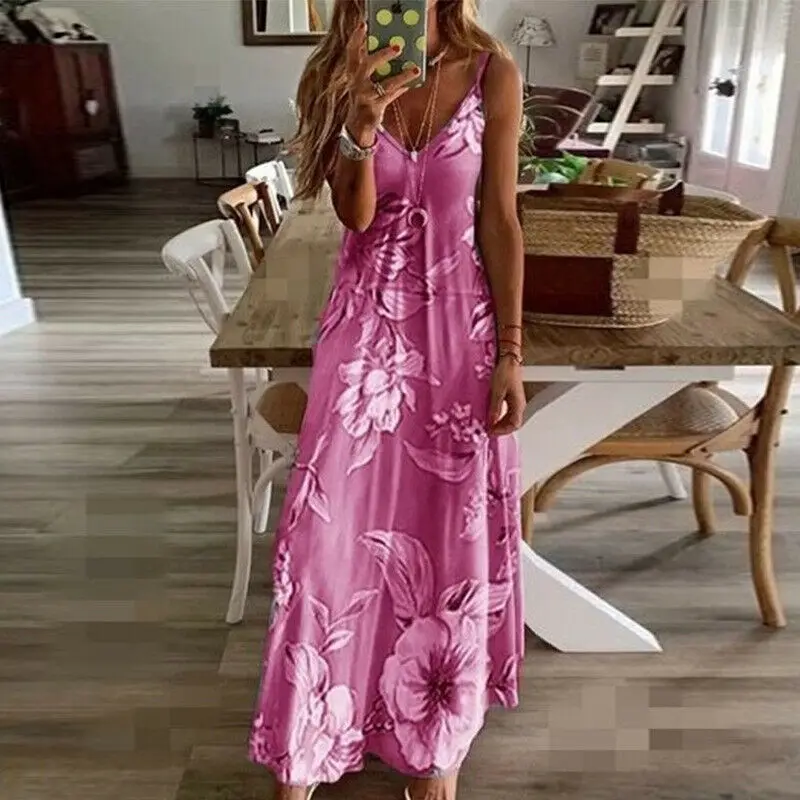 Женское летнее платье без рукавов с цветочным принтом Свободное длинное для