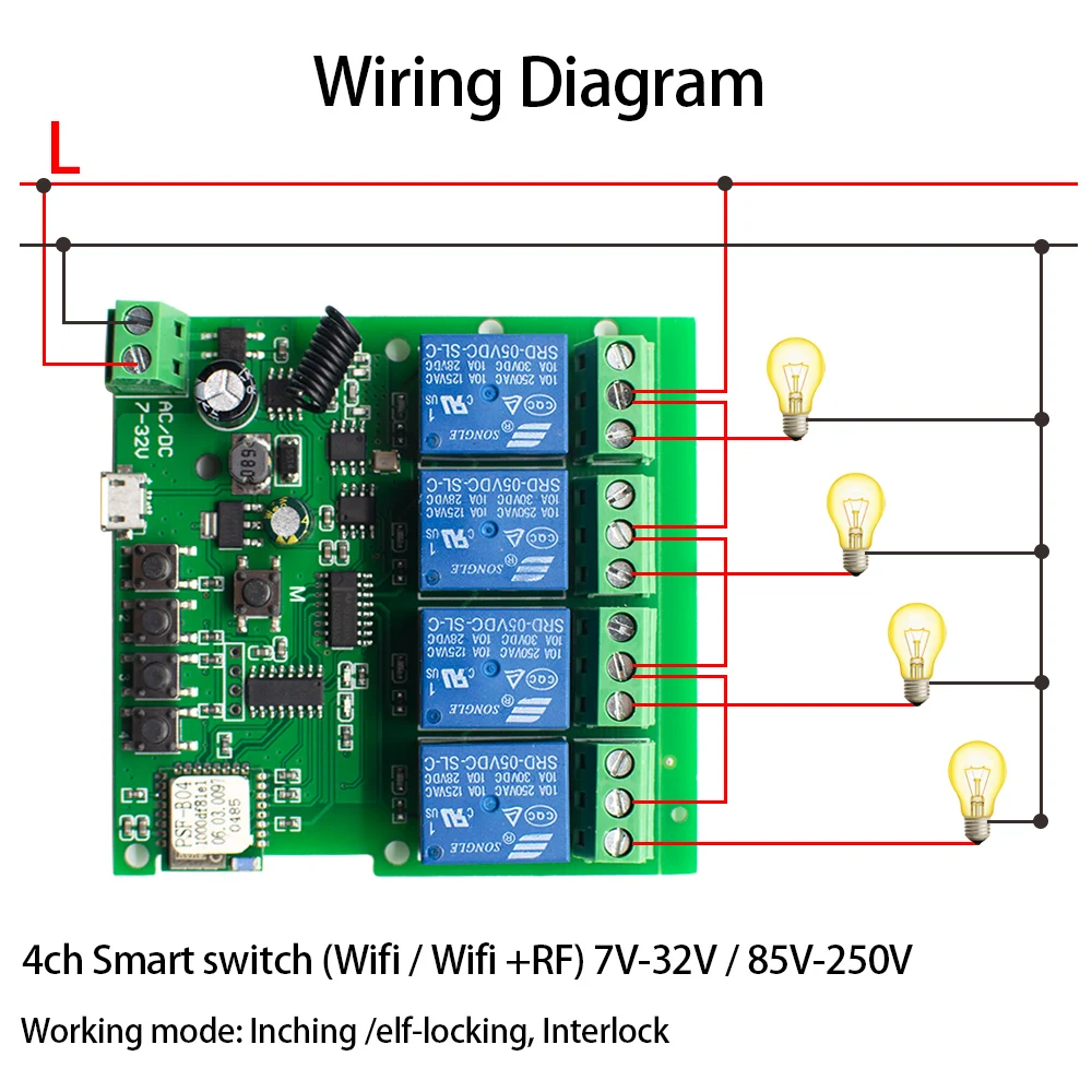 DC 7V-32V 220V 4 Channel Wifi Relay Module Wireless Remote Control Switch Jog Self-Lock Phone APP For Smart Home 12V 24V | Безопасность