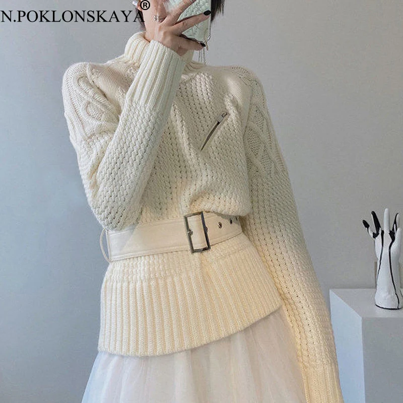

Stylish Long Sleeve Turtleneck Pullovers Autumn Winter Sweater Women Streetwear Knitted Tops Female Knitwear Sweaters With Belt