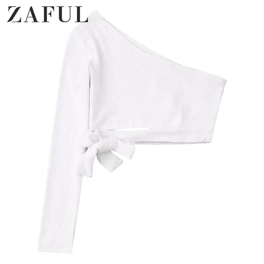 Женский укороченный топ на одно плечо ZAFUL однотонный ребристый с одним рукавом