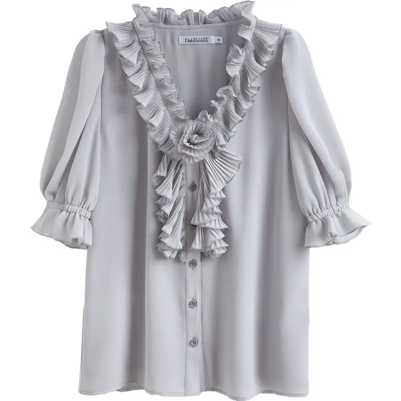 

Dabuwawa Exclusive Ruffle V-Neck Chiffon Blouse Women Tie Flower Front Puff Short Sleeve Casual Shirts Tops Women DO1BCF002