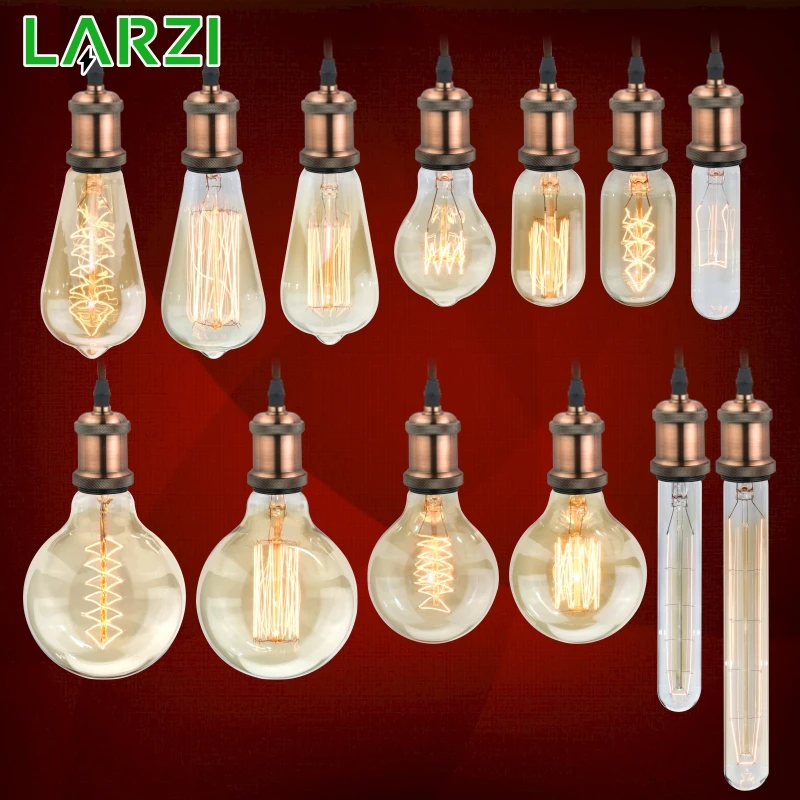 LARZI ретро Edison LED светильник лампочка E27 220 В 40 Вт A19 A60 ST64 T10 T45 T185 G80 G95 нити Винтаж ампулы лампа накаливания со стеклянным колпаком