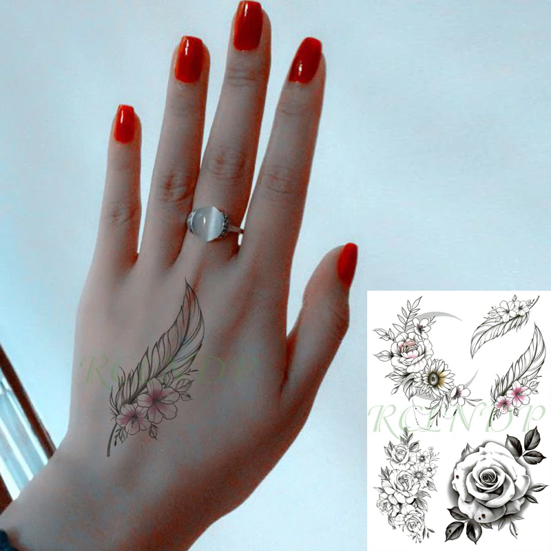 Водостойкая временная татуировка-наклейка Роза из перьев цветок пион поддельные