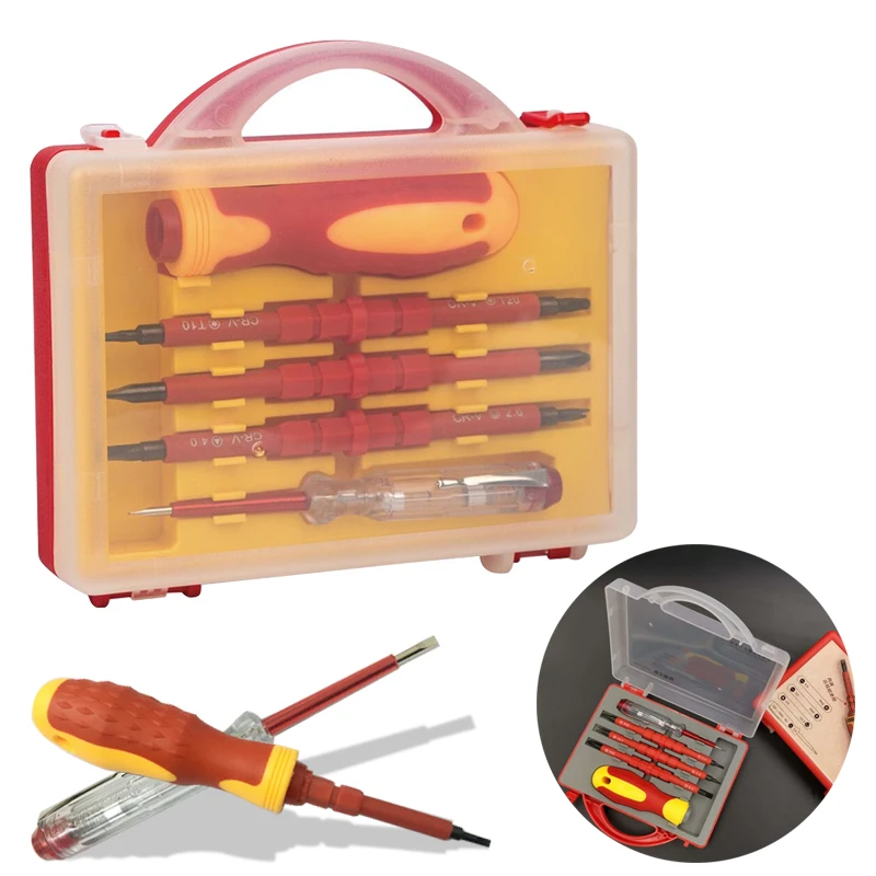 

7 In 1 Screwdriver Tool Set Electrician Screwdriver Electrical Fully Insulated High Pressure Multifunction Screw Head Type Red