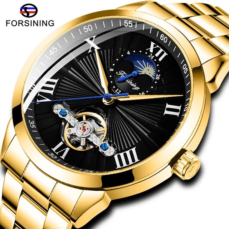 Royal Golden FORAINING Mens Automatic Wrist Watch Skeleton Stainless Steel Band Mechanical Moon Phase Waterproof ClockRelogio | Наручные