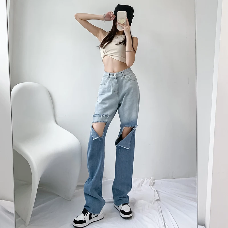 

Ripped Jeans Female Summer Small High Waist Straight Loose Loose Gradient Wide Leg Mopping Pants Ins Tide Thin Section