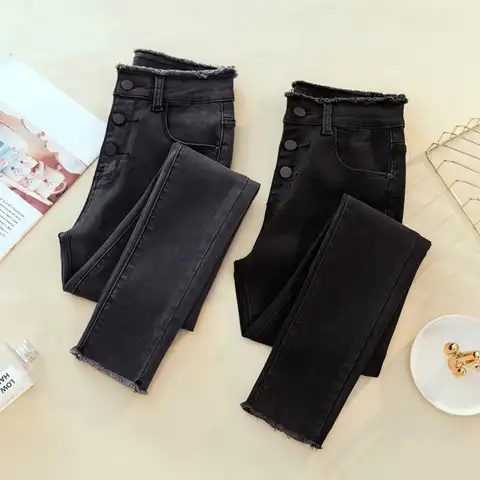 Рваные узкие джинсы с завышенной талией, женские джинсы карандаш, серые, черные, женские джинсы