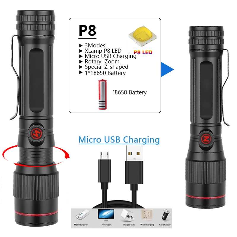 Мощный светодиодный фонарик P8 специальный Z-образный свет USB Перезаряжаемый