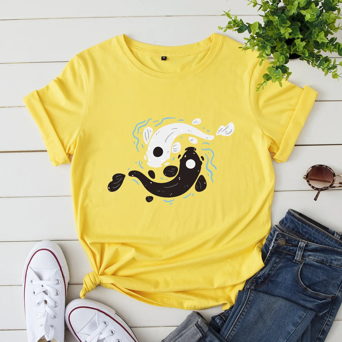 

Fashion Summer T-shirt Women 100% Cotton Fishes Print T Shirt Tshirts Vintage Casual Short Sleeve Tee Shirt Tops