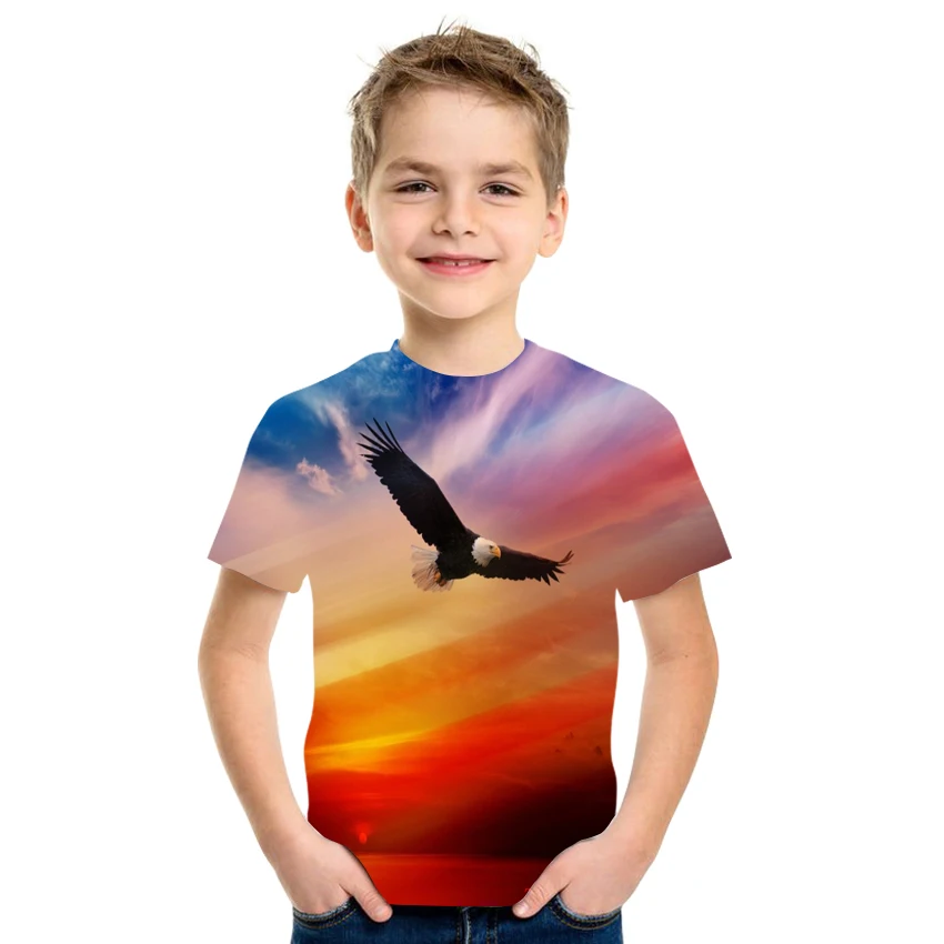 

2021 new short sleeve printed 3D animal print T-shirt for boys and girls loose and comfortable casual style size 4T-16T