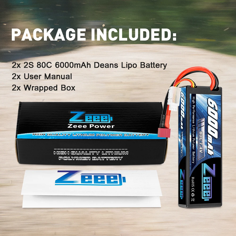Zeee-bater&iacute;a Lipo de 6000mAh, 2S, 80C, 7,4 V con enchufe Decan, carcasa r&iacute;gida, para coche, cami&oacute;n, tanque, Slash Truggy, 2 unidades-5