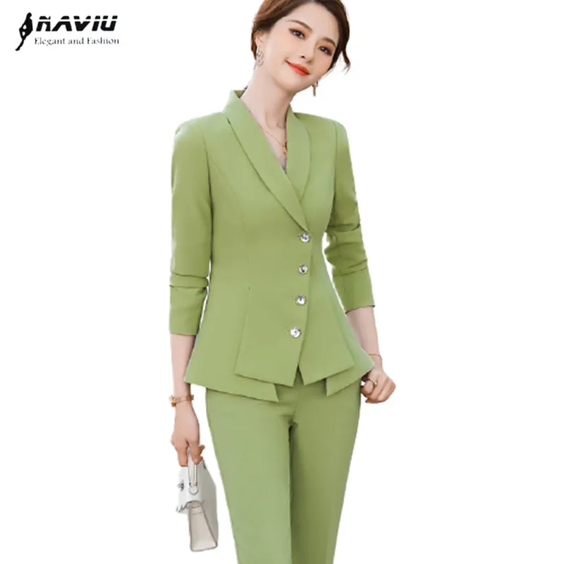 

Busiess Temperament Women Suits Fruit Green Spring New Fashion Slim Blazer Aand Pants Office Ladies Formal Work Wear Black