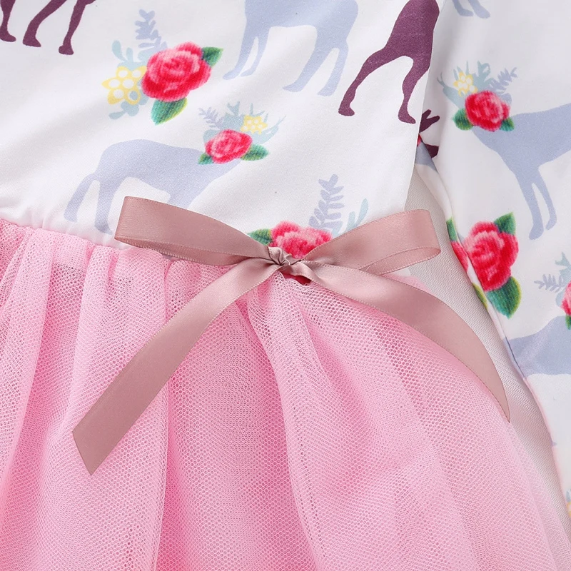 

Autumn Casual Baby Girls Dress Floral Elk Long Sleeve Kids Princess Patchwork Mesh Dresses
