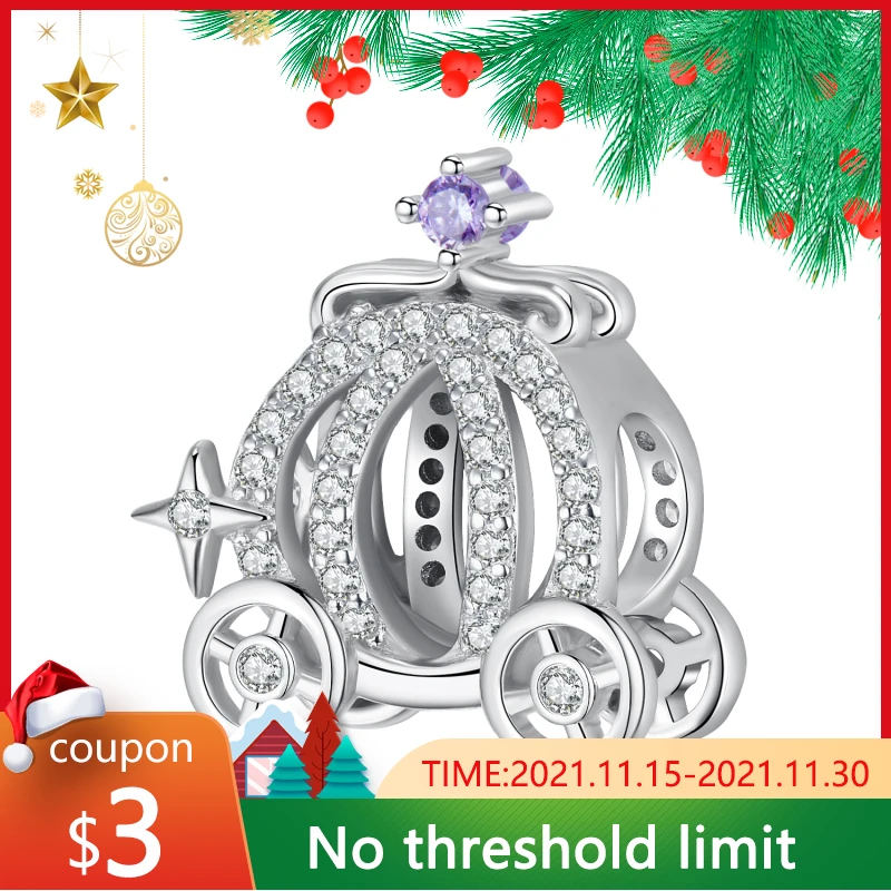 

Fairy Tale Pumpkin Car 925 Sterling Silver Shiny Zircon Beads Fit Original European Charm Women Bracelet Bangles DIY Jewelry