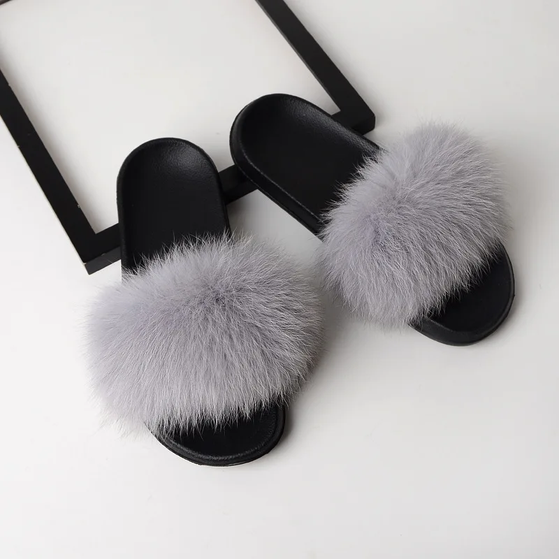 Fox Hair Light Grey Hot Women Furry Slippers Ladies Cute Plush Natural Fox Hair Slippers Real Fur Slippers Summer Indoor Outdoor Slippers for Women - Цвет: Fox Hair Light Grey