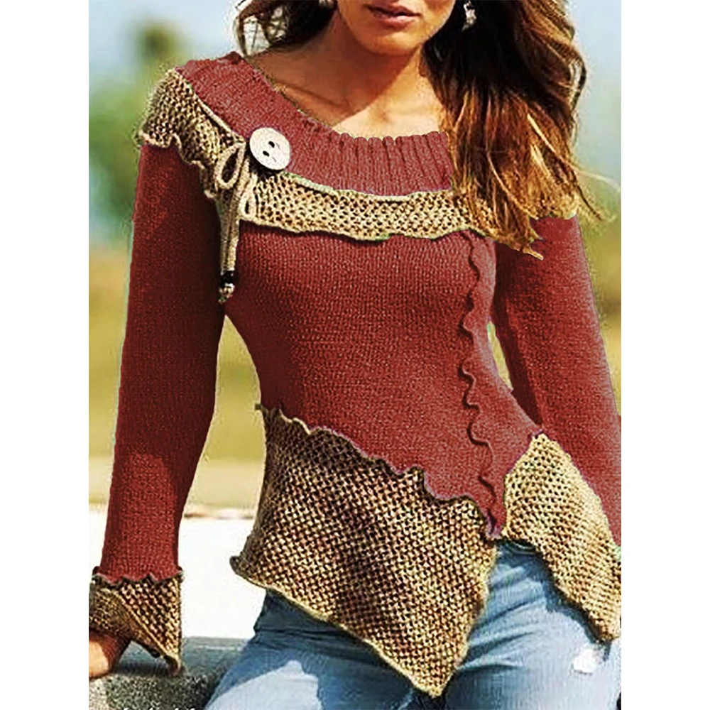 VITIANA Women Knitted Sweater Autumn 2019 Female Long Sleeve Patchwork Button Knit Sweaters Femme Sexy Pullover Tops Sreetwear | Женская