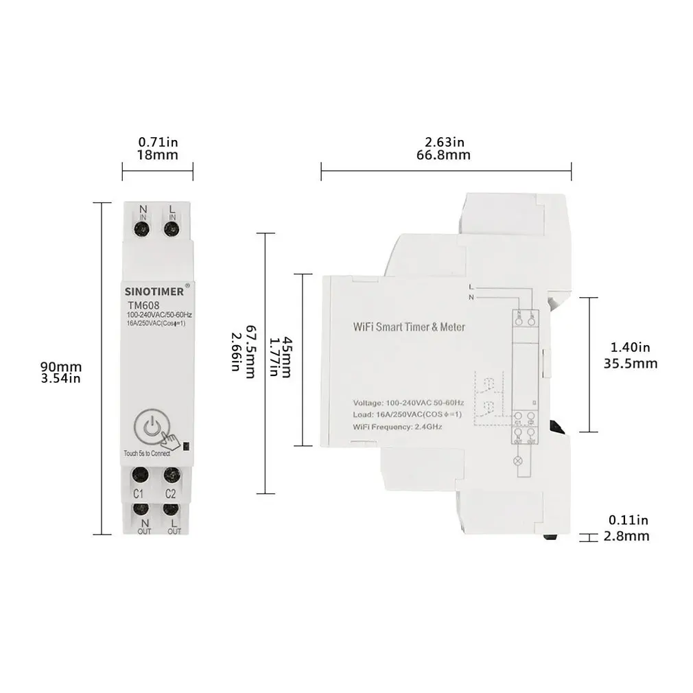 

18mm Single Phase Digital Timer Switch Remote WiFi Smart Light Control Switch Programmer With Energy Monitoring 100-240V 16A