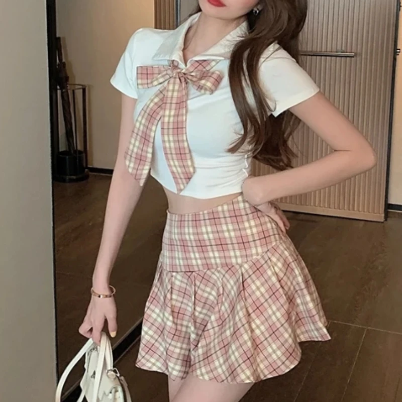Summer Short Sleeve T-shirt White Crop Top Women JK Skirt Set Fashion Bow Tie Plaid A-Line Mini Sexy Lolita Kawaii Harajuku Suit