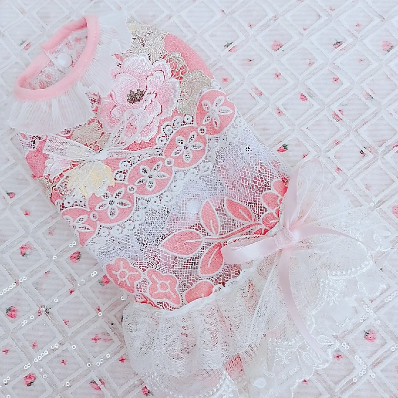 

Puppy Dog Fashion Pink Flower Bowknot Lace Vest Dress Summer Pet Clothes Outerwear Coats Chihuahua Yorkshire Dog Clothing Dress