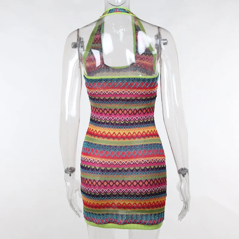 

Summer Knitted See Through Bodycon Sundress Dresses For Women Striped Beach 2021 Backless Sleeveless Mini Boho Halter Dress