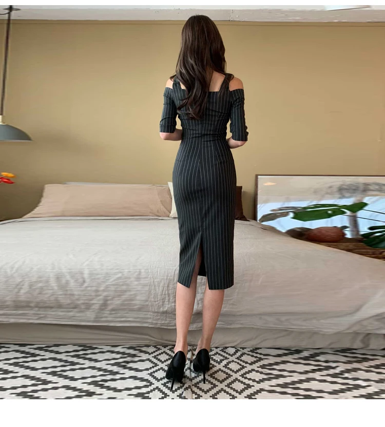 

ZAWFL Elegant V-neck Slim Waist Women Pencil Dress Office Ladies Vestidos Striped Bodycon Female Dress 2020 Summer
