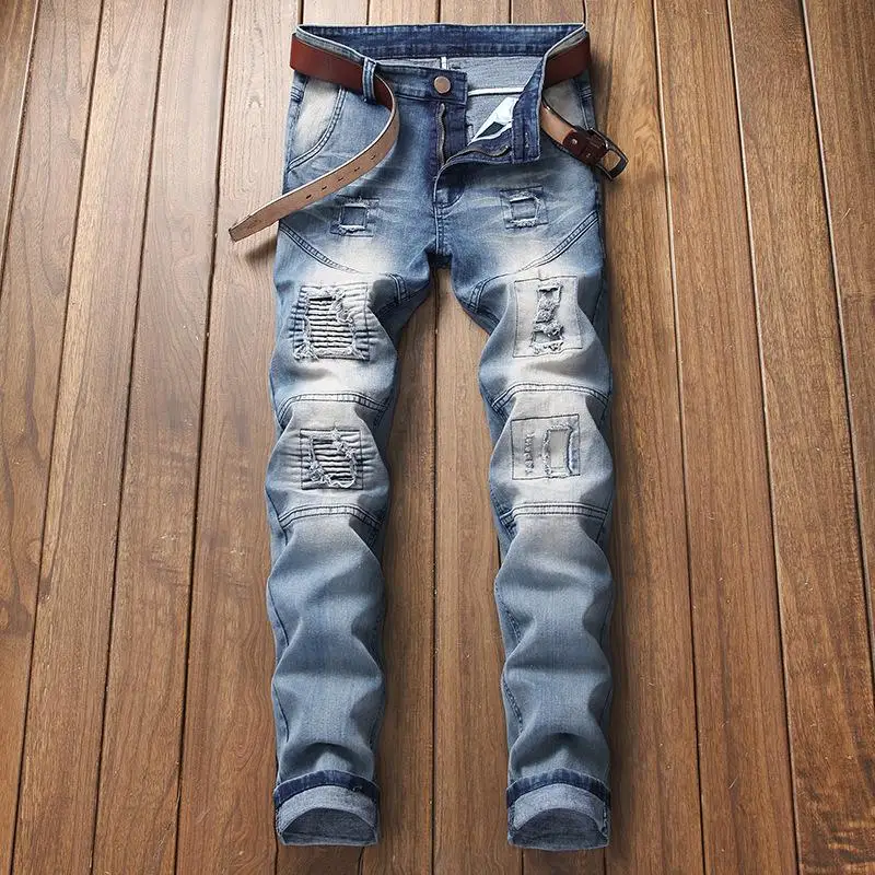 

Men's Biker Jeans Slim Fit Straight Denim Pants Distressed Trousers