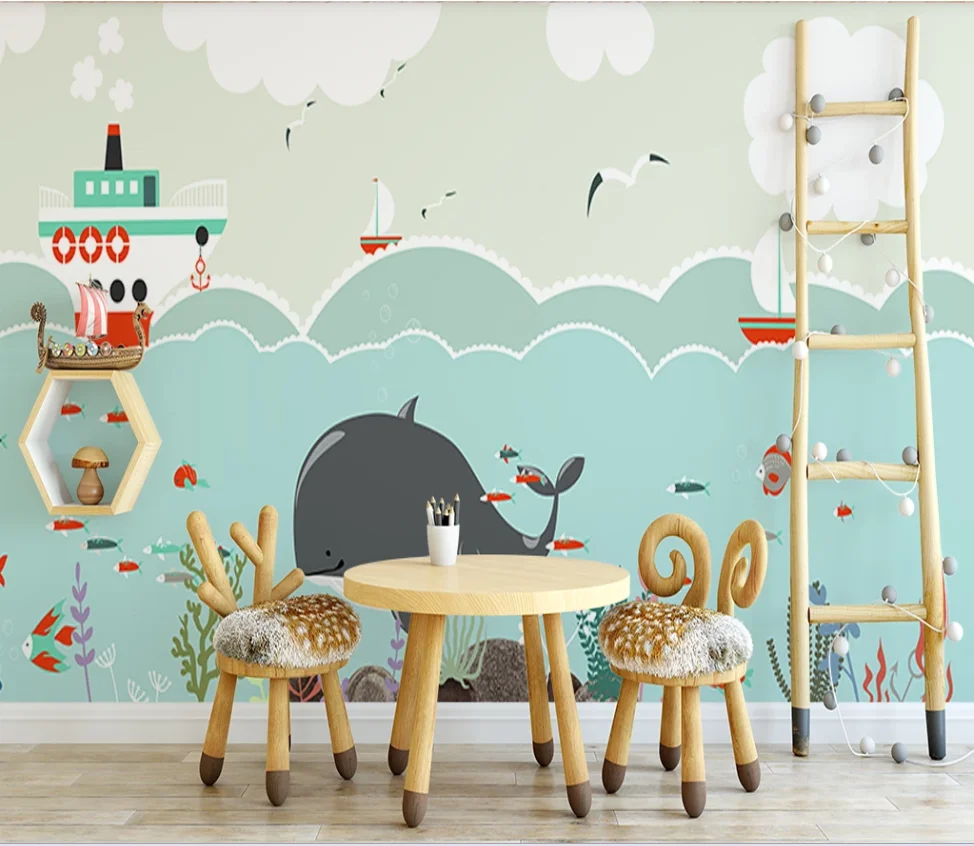XUE SU Custom wallpaper mural hand-painted cartoon whale sailing underwater world children's room background wall | Обустройство