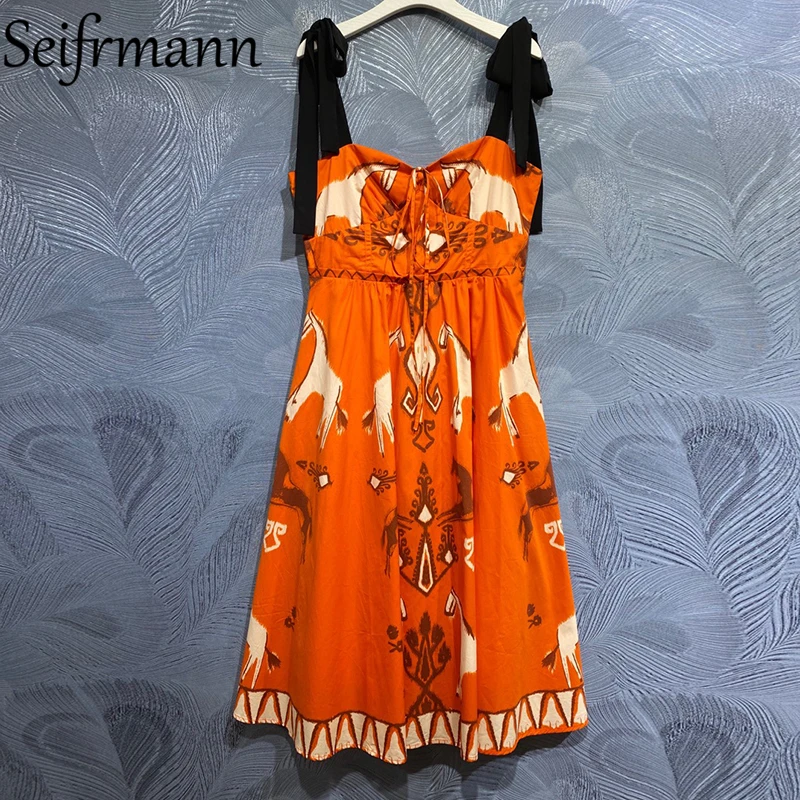 

Seifrmann New 2021 Summer Women Fashion Designer Party Midi Dress Sexy Spaghetti Strap High Waist Vintage Printed Cotton Dresses