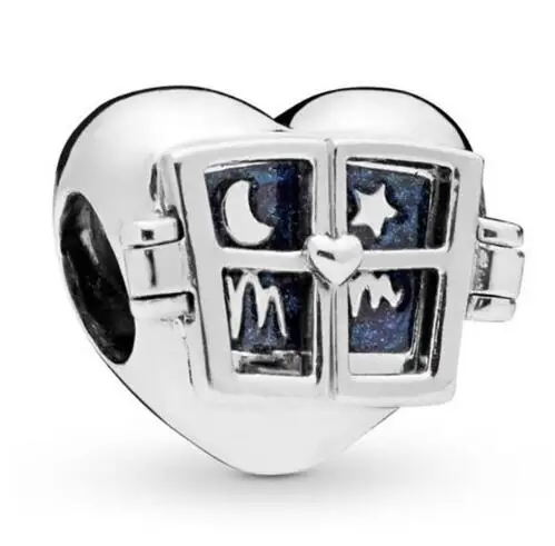 Genuine 925 Sterling Silver Charm Blue Night Sky Window Heart With Moon Stars & Mum Beads Fit Pan Bracelet Diy Jewelry