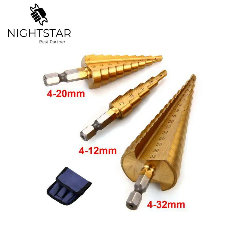 

3Pcs Drill Bit Set Step Cone Taper Hole Cutter 4-12mm/ 4-20mm/ 4-32mm Titanium Coated Metal Hex Stepped Drill Bits