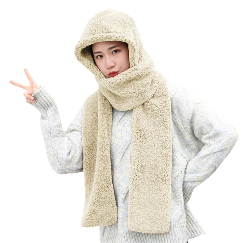 

Women Winter Warm Plush One-Piece Hat Scarf Bear Ears Thermal Hooded Earflap Cap 85WB