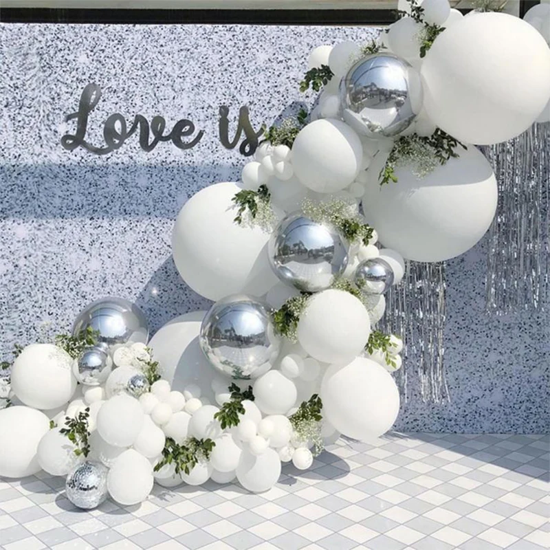 

125pcs Silver 4D White Balloon Garland Metal Silver Latex Ballons Arch Kit Wedding Bachelorette Party Birthday Babyshower Decor