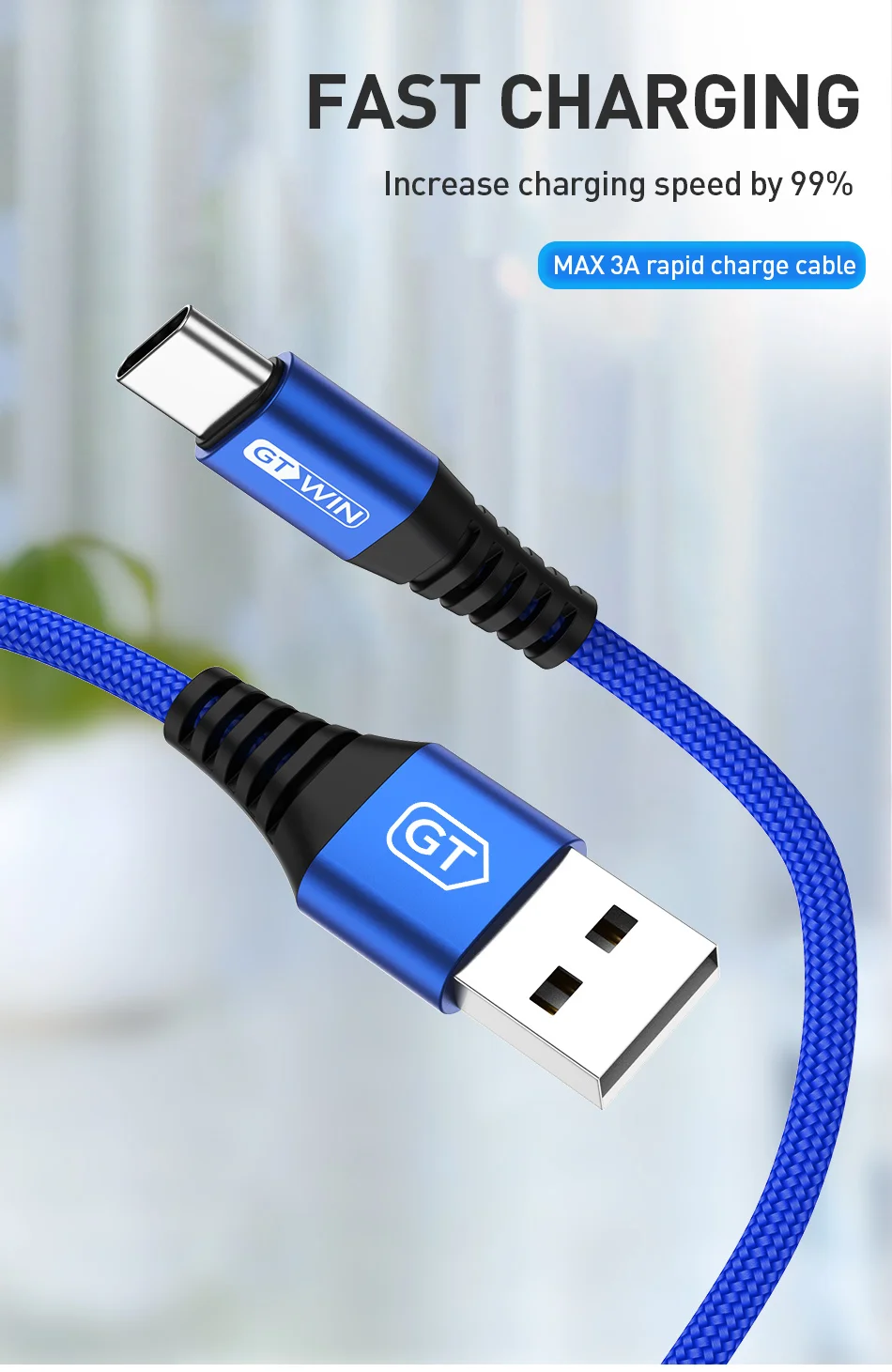 GTWIN 1M 2M Type C USB Cable 3A Fast Charger Cable For Samsung S9 S10 HUAWEI 3A Charging Wire USB C Data Cable Xiaomi mi9 LG