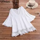 Модные женские блузки VONDA 2020, женские сексуальные однотонные рубашки с V-образным вырезом и рукавом до локтя, богемные топы и блузки 5XL