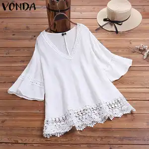 Модные женские блузки VONDA 2020, женские сексуальные однотонные рубашки с V-образным вырезом и рукавом до локтя, богемные топы и блузки 5XL