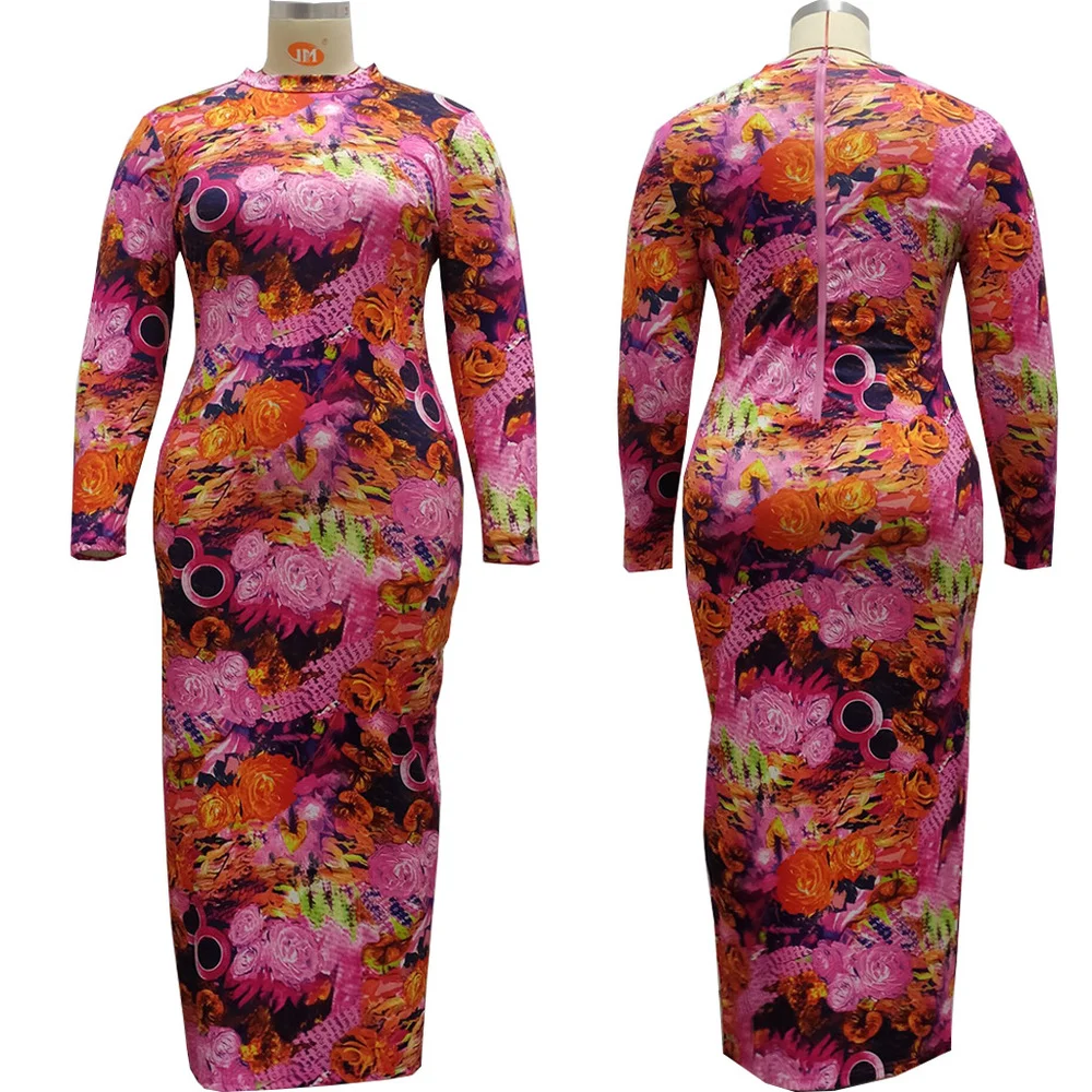

XL-5XL Plus Size Floral Print Skinny Dresses Women Sexy Mock Neck Long Sleeve Bandage Dress Vintage Slim Fit Package Hip Dress