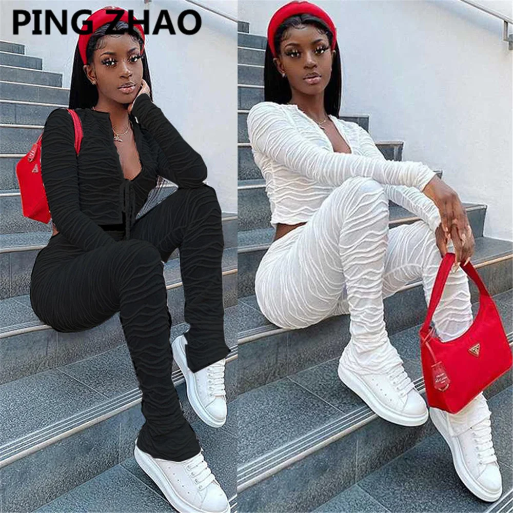 

PING ZHAO Winter Streetwear Women Set Pleated Solid Sexy Lace-up Long Sleeve Crop Top Folds Pencil Pants Two-piece Set
