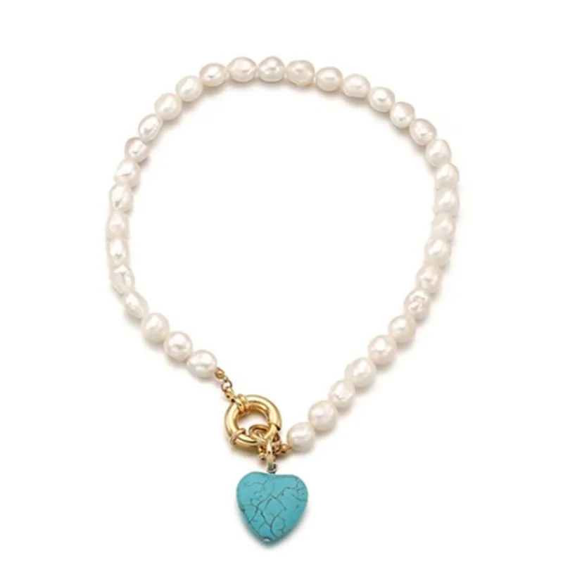 

Orgin Summer Vintage Baroque Natural Freshwater Pearl Love Heart Pendant Necklace for Women Fairy Blue Necklace Party Jewelry