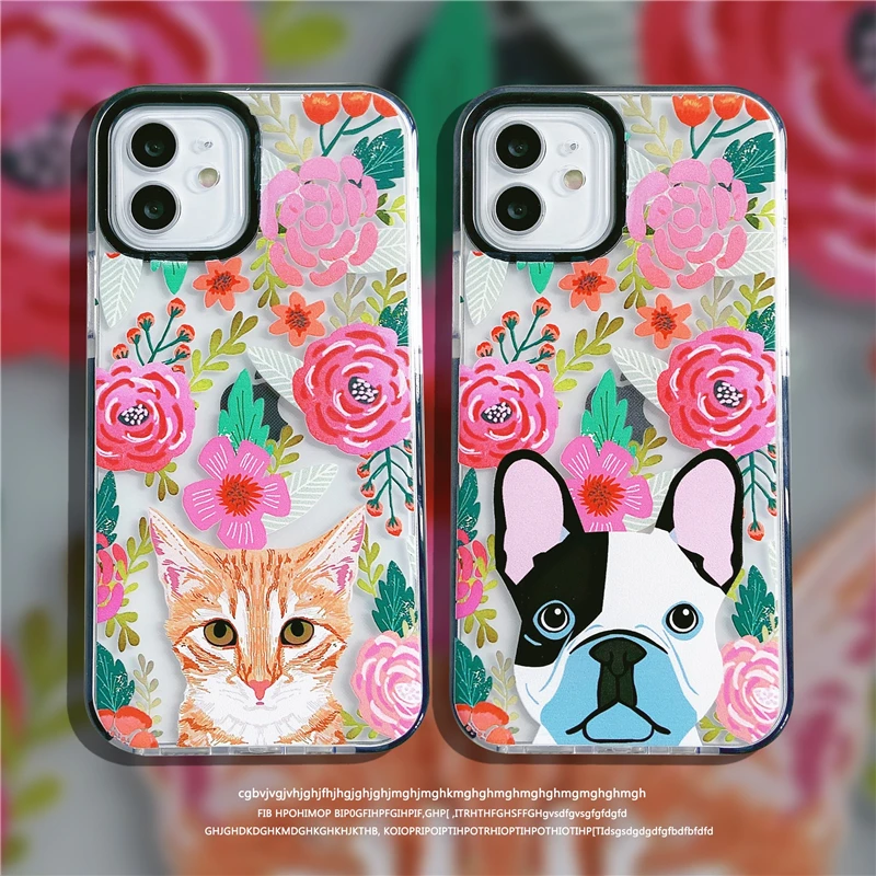 

Cute Cartoon Dog Cat Phone Case For Iphone 12 11 Pro Max Mini 8 7 Plus X Xr Xs Max Fashionable Flower Soft Silicone Cover Couple