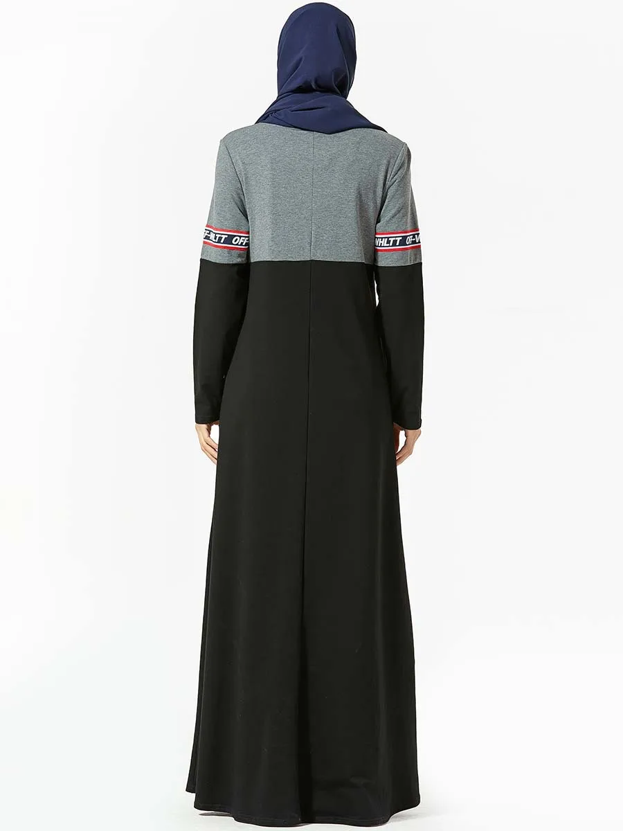 

Islamic Clothing Tracksuit Long Dress Women Muslim Abaya Middle East Printed Jogging Maxi Dress Sports Walk Wear Side Pockets
