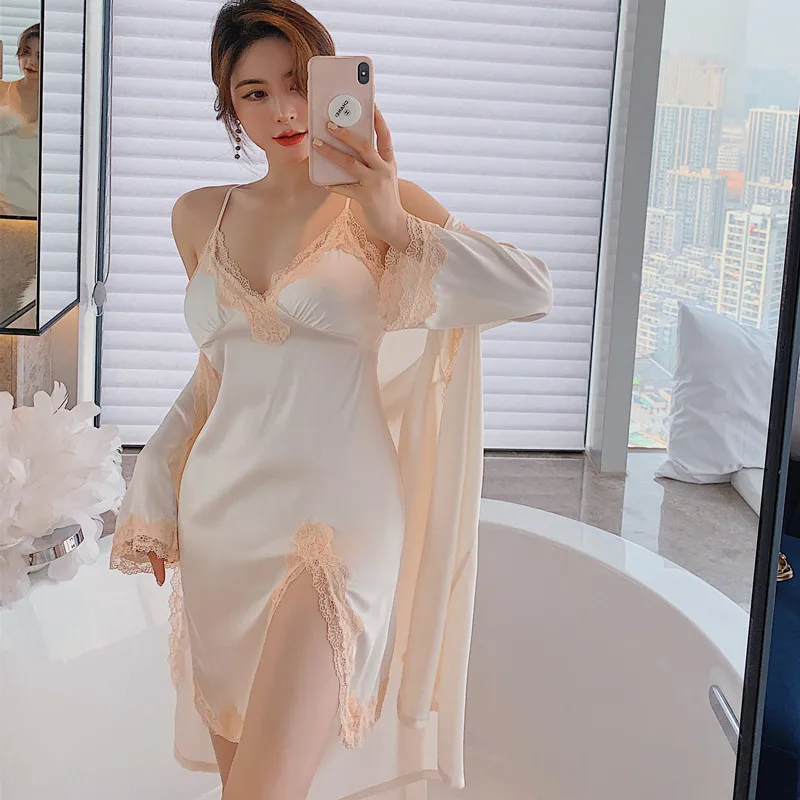 

Sexy White Lace Satin Nightwear Kimono Bath Gown Homewear Nightgown Sets Women 2pcs Robe Spring Sleepwear Nighty Pajamas