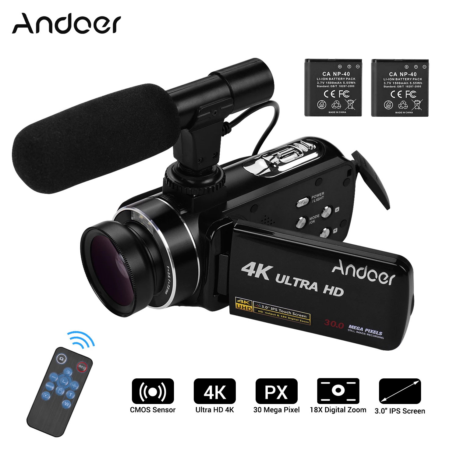 Профессиональная цифровая видеокамера Andoer 4K Ultra HD с широкоугольным объективом 0