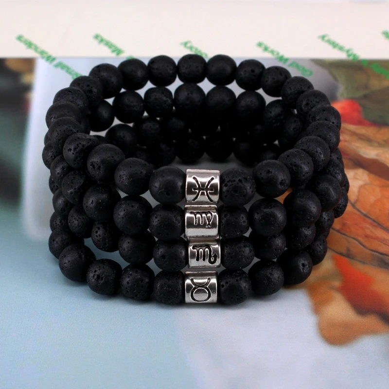 

Мужские и женские браслеты из 12 созвездий, браслеты с бусинами 8 мм из натуральной черной вулканической скалы, модные ювелирные украшения M37