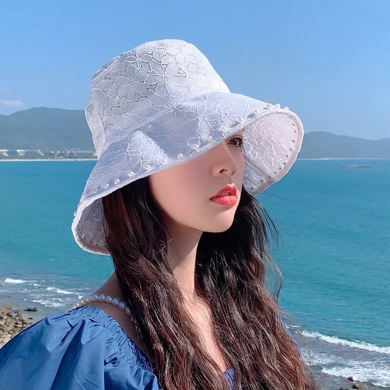 

White Lace Fisherman Hat Ladies Summer Thin Hollow Breathable Sun Hats Sweet and Cute Sunscreen Basin Cap with Pearl Edge