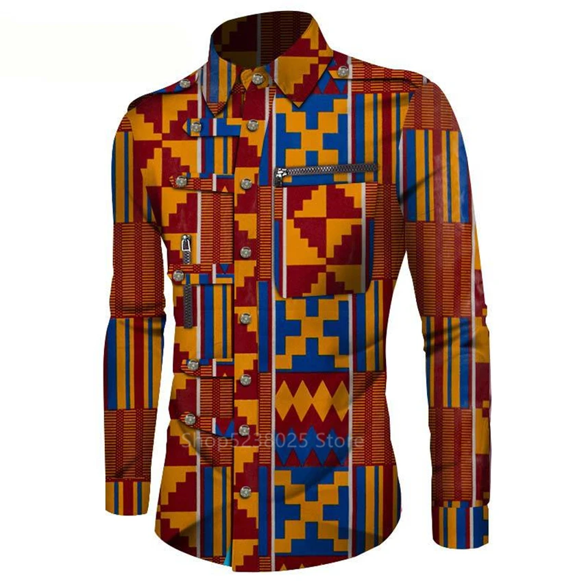Африканская одежда новинка 2019 Мужская футболка с длинным рукавом и карманом Bazin