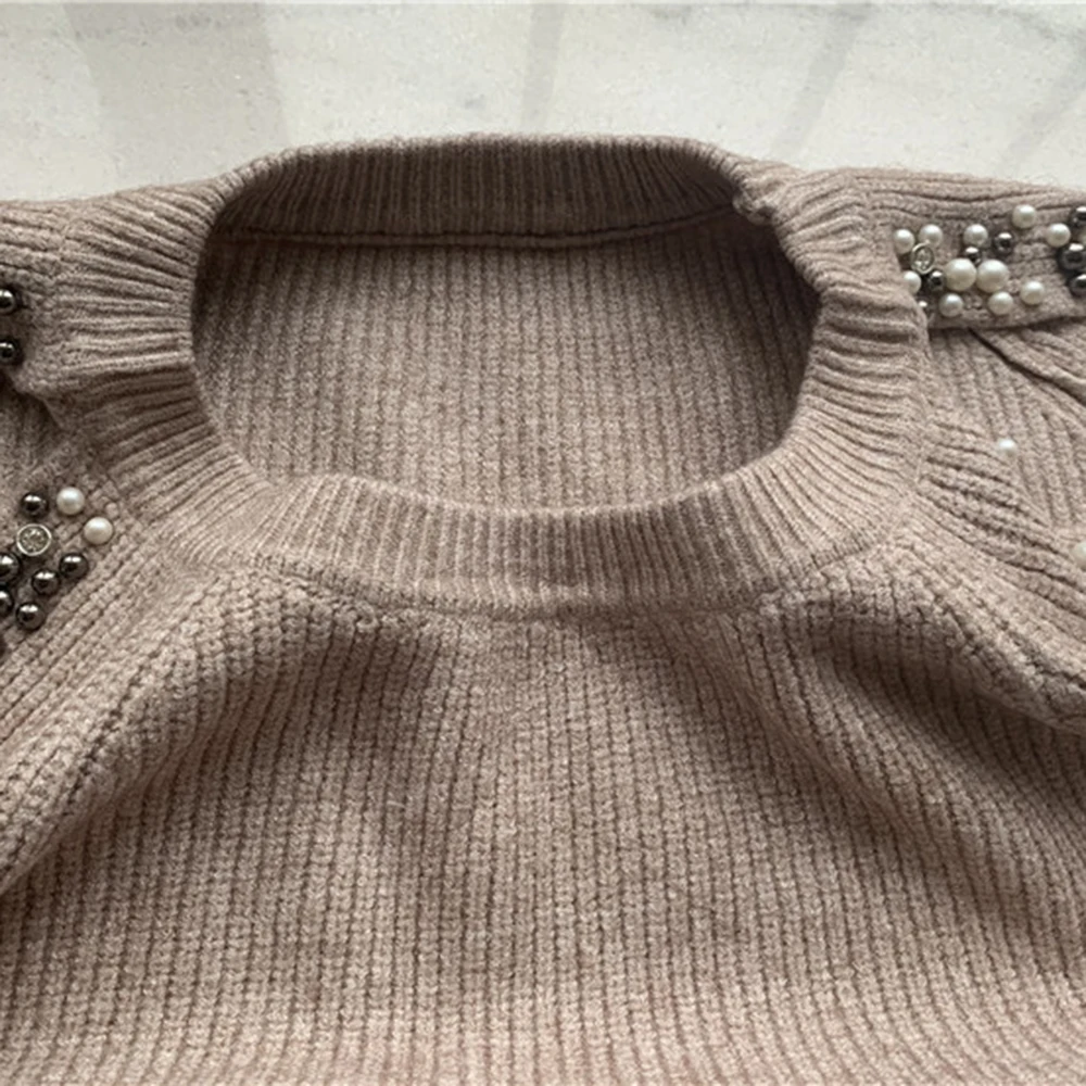 Жемчужный свитер женские костюмы модный вязаный с открытыми плечами и рукавами
