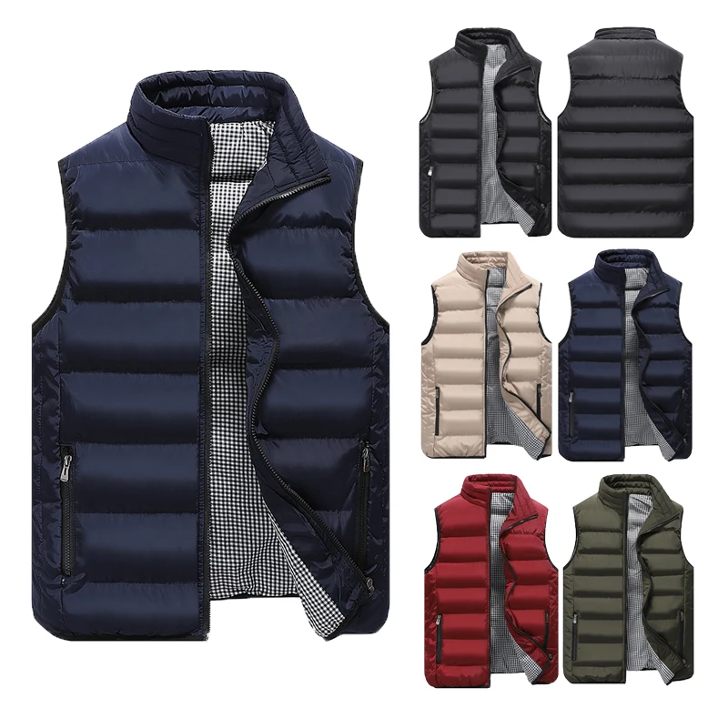 Men's Winter Solid Color Down Jacket Vest Body Warmer Warm Sleeveless Stand Collar Zipper Coat Black Red Khaki | Мужская одежда