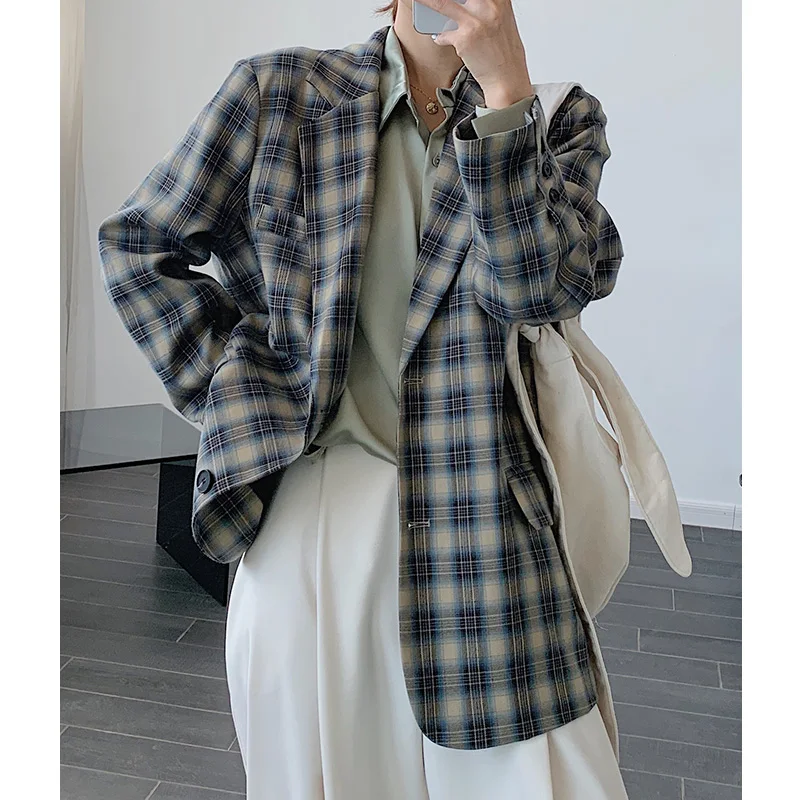 Осенне зимняя винтажная серая клетчатая свободная верхняя одежда женский костюм