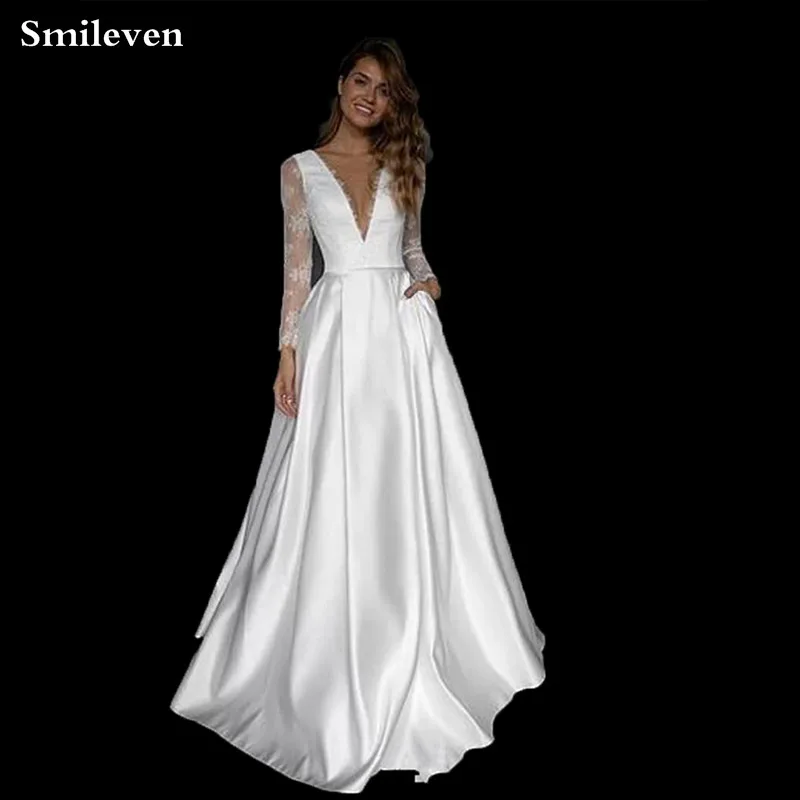 Кружевное свадебное платье Smileven с длинным рукавом 2020 ТРАПЕЦИЕВИДНОЕ атласное