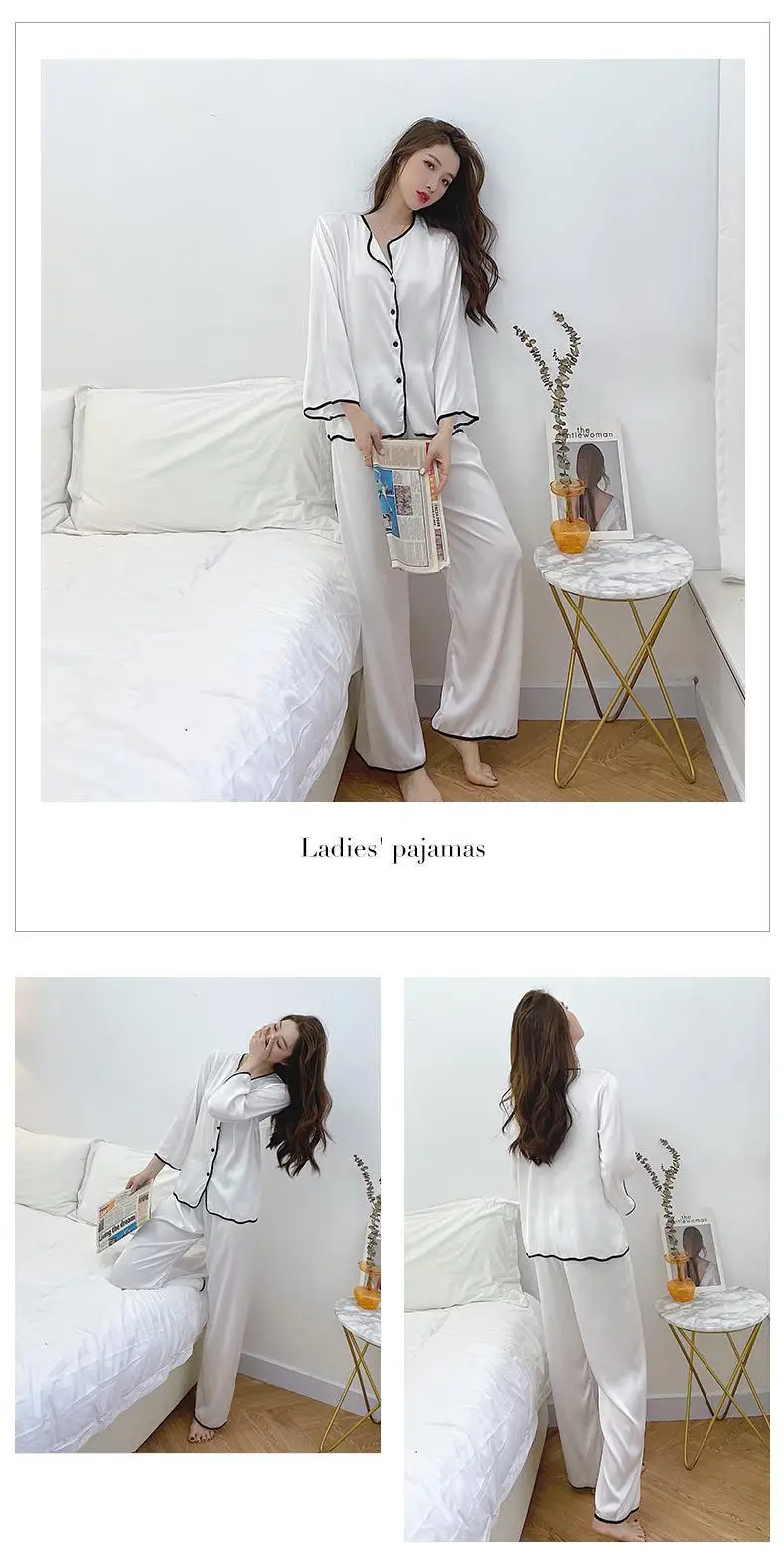 

Lapel Pajamas Suit Female Satin Sleepwear PJS With Trousers Sets Pyjamas Button-Down Home Clothes 2PCS Long Sleeve Loungewear